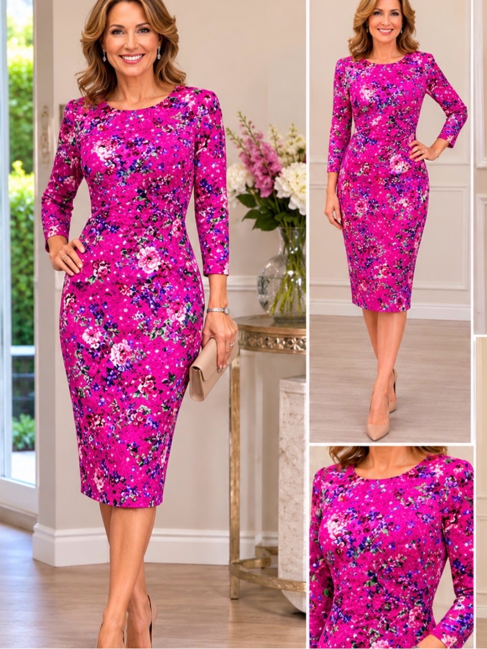 Kensie Hot Pink Floral Midi Sheath Dress